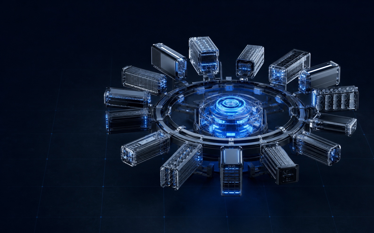 Modular compute cartridges arranged around an open luminous model core